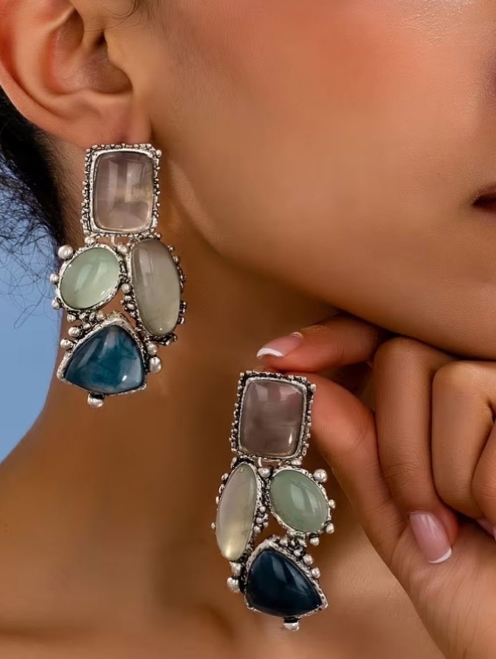 NEW! Statement Silver Plated Multi-Stone Dangle Drop Post Earrings - Green Blue